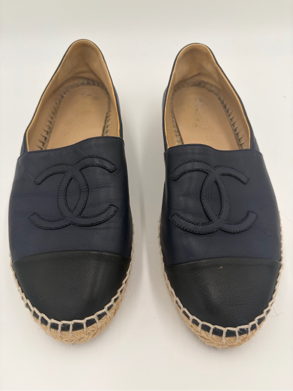 CHANEL Navy and Black  Leather Espadrille Loafer with CC Logo size 37 US 6.5